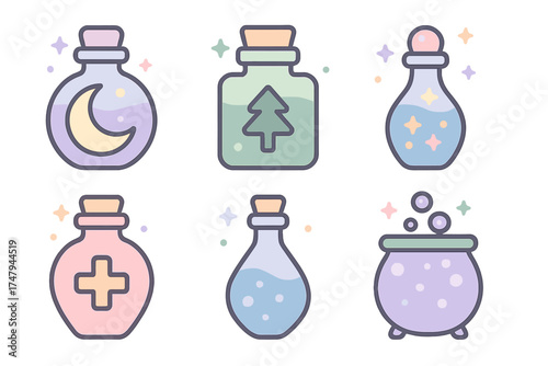 Pastel colored set of magical potion bottles and a bubbling witch's cauldron icons collection