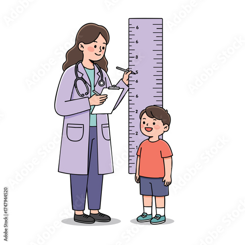  a female pediatrician measuring a child’s height with a height chart, doctor wearing a lilac medical coat and holding a clipboard.