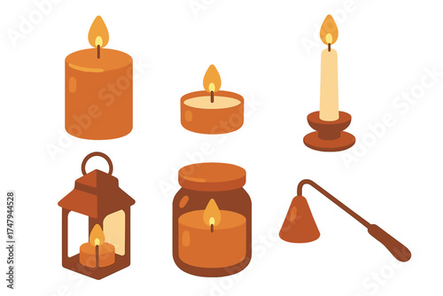 Set of burning candles, decorative lantern, and snuffer tool in various shapes