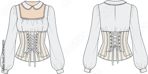 Technical fashion illustration of women’s corset blouse with sheer panels, puff sleeves, lace-up front and back, and ribbon waist design