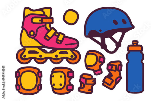 Brightly colored inline roller skate, protective helmet, knee and elbow pads, and water bottle for active recreation