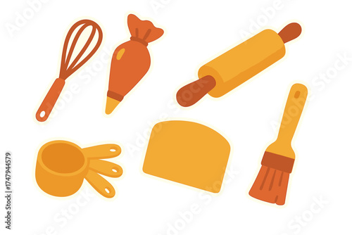 Essential kitchen tools for baking and pastry preparation including rolling pin and whisk