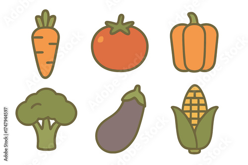 Collection of fresh organic vegetables: carrot, tomato, bell pepper, broccoli, eggplant, and corn