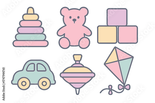 Collection of cute pastel baby toys including teddy bear, stacking rings, blocks, car, spinning top, and kite