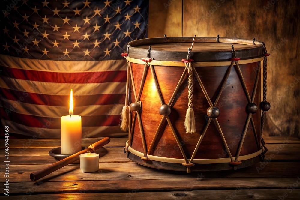 Naklejka premium Colonial drum and candle with american flag