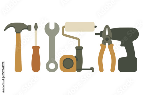 Essential set of home repair and construction tools including hammer screwdriver and wrench