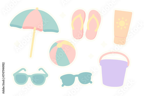 Pastel beach vacation accessories set including umbrella flip flops sunscreen and sunglasses