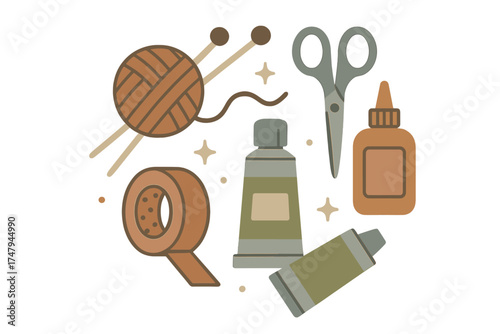 Arrangement of essential crafting supplies including yarn, knitting needles, scissors, glue, and paint