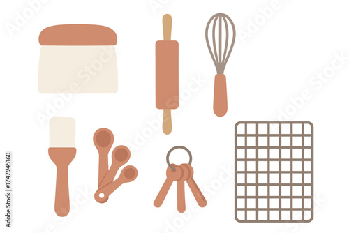 Essential baking tools collection featuring rolling pin whisk measuring spoons and cooling rack
