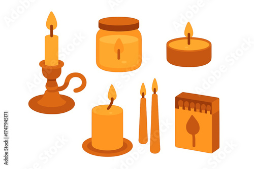 Set of various burning candles including taper, pillar, jar, and tea light with a matchbox