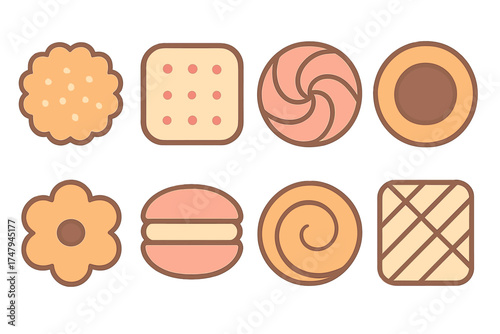 Assortment of sweet baked goods featuring eight different types of cookies and biscuits