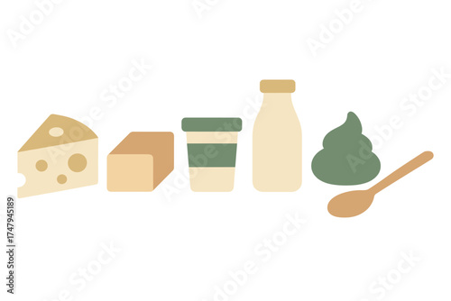 Minimalist set of breakfast and dairy products including cheese butter coffee milk and a wooden spoon