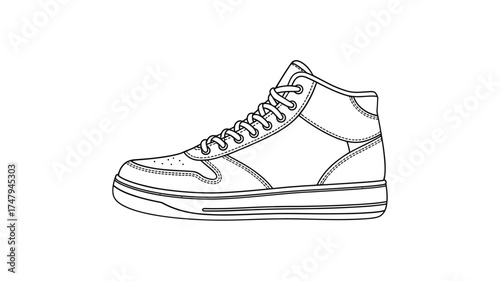 Hand drawn sketch of a high top sneaker with laces on a white background