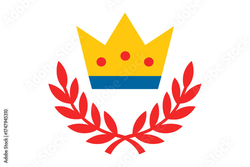Stylized golden royal crown with red jewels above a tied red laurel wreath on white background