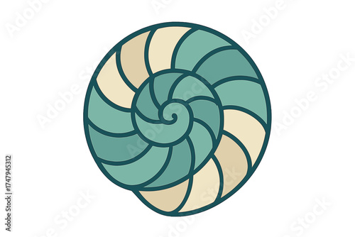 Stylized nautilus shell with geometric spiral pattern and teal and beige colors
