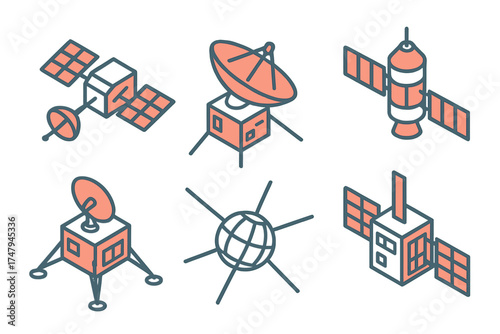 Isometric icons of space technology including communication satellites, orbital probes, and antennas