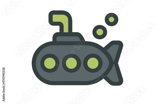 Minimalist dark gray submarine icon with bright green details and rising air bubbles