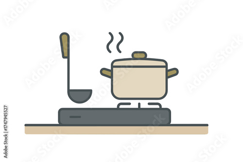 Steaming pot of food cooking on a kitchen stove burner next to a large serving ladle