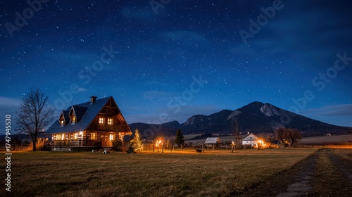 Starry Night Cabin: A cozy, illuminated log cabin nestled under a breathtaking starry sky with mountains in the distance creating a serene escape.