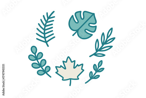 Stylized botanical wreath featuring various green leaves and natural elements in a circle