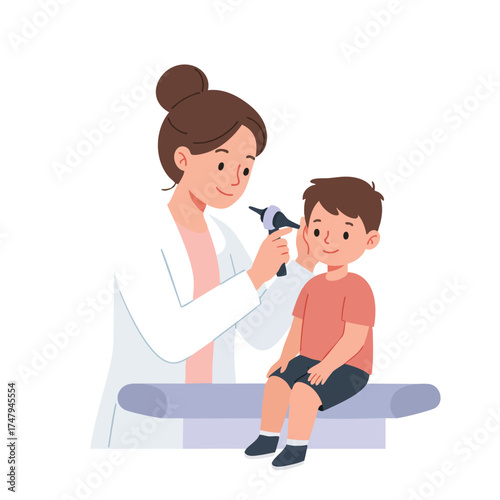 a female pediatrician with brown hair tied in a bun, wearing a white coat over a pastel pink blouse, gently checking a little boy’s ear using an otoscope.