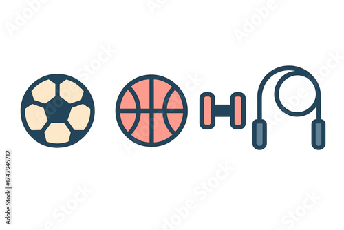 Essential sports and fitness equipment including soccer ball, basketball, dumbbell, and skipping rope