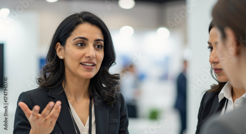 Smiling hispanic woman explains something at conference, surrounded by colleagues. Conference atmosphere inspires successful communication and presentations.