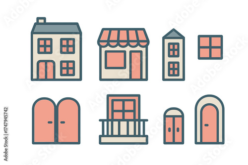 Minimalist outline architecture featuring residential buildings, commercial storefronts, doors, and windows