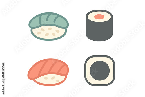 Minimalist set of four traditional Japanese sushi and maki rolls including nigiri and hosomaki