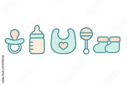Newborn baby essentials set including pacifier bottle bib rattle and booties