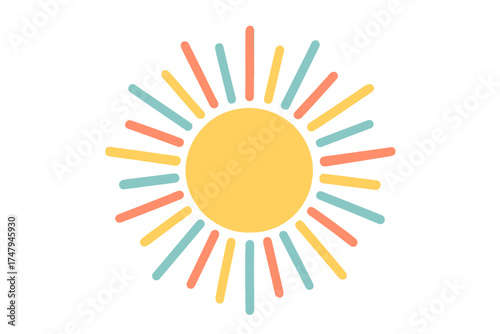 Bright yellow sun surrounded by multicolored rays in a simple geometric style