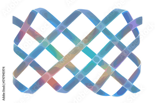 Abstract geometric lattice pattern formed by interwoven iridescent ribbons with gradient colors