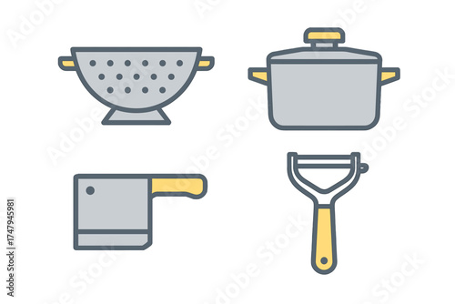 Essential kitchen cooking tools and utensils set including pot, colander, cleaver, and peeler symbols