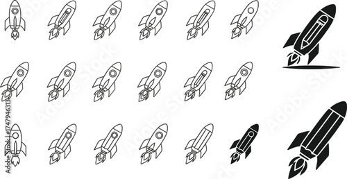 Rocket launch icon set, startup concept, innovation, space travel, success, business growth, creativity, futuristic design, technology, progress, exploration