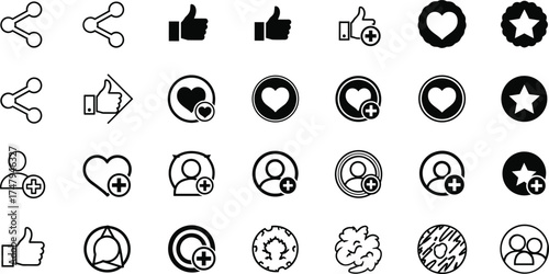 Social media icons, like, share, heart, follow, favorite, add friend, interaction, communication, connection, network, people, feedback, love, rating, digital, outline, flat, modern, minimal