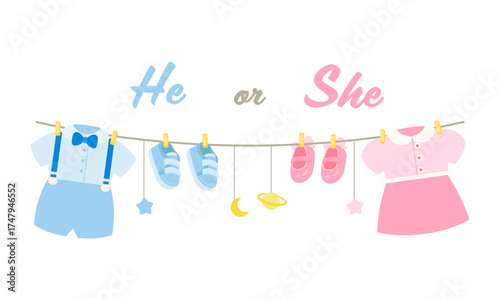 Cute baby clothes and shoes hanging on string for baby boy or girl gender reveal