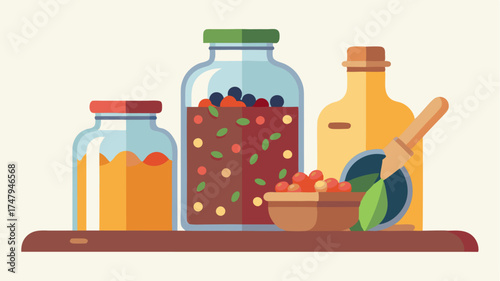 A relaxed kitchen scene with glass jars filled with colorful dried legumes and seeds surrounded by a wooden ting board and a knife.