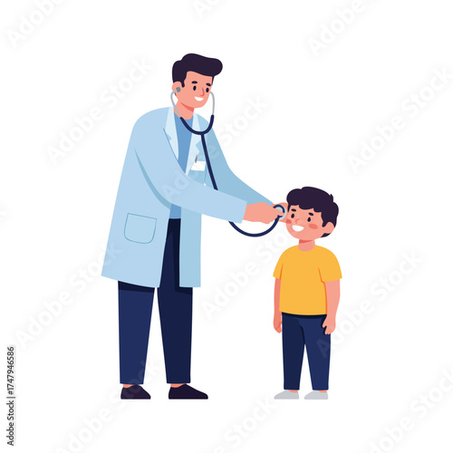 a male pediatrician wearing light blue coat and dark navy pants, using a stethoscope to check a child’s heartbeat, the child smiling and wearing a yellow T-shirt, doctor bending slightly