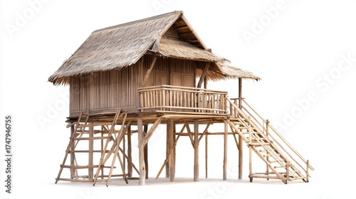 Thai wooden house on stilts with bamboo ladder and veranda, white background
