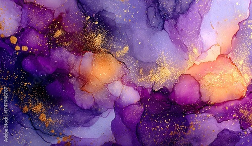 Ethereal fluid art featuring rich purple hues and shimmering gold accents for dreamy elegance.