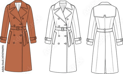 Trench coat fashion illustration with front and back technical sketches, colored garment view, vector design for apparel, style, and clothing