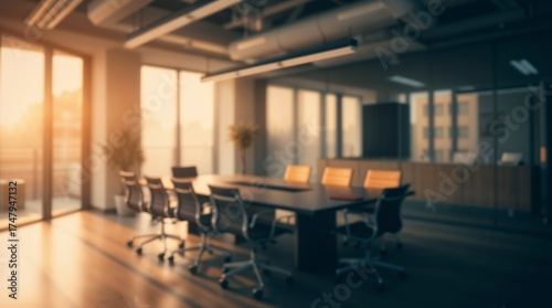 blurred background of a modern office interior with panoramic windows and beautiful lighting, Blurred office meeting room
