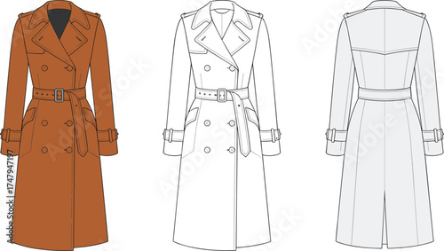 Trench coat fashion illustration with front and back technical views, colored and line sketches for apparel design, garment, and style reference