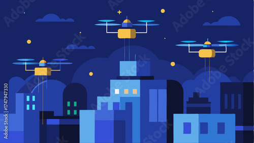 Nighttime scene of drones with LED lights performing deliveries creating a light trail against a starry sky above the urban landscape.