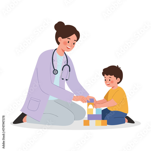 a pediatrician sitting on the floor playing blocks with a little boy, doctor wearing a lilac lab coat and light gray pants, both smiling.