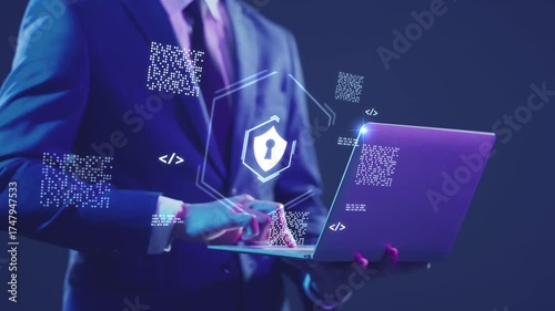 Corporate Cyber Security and Risk Management. A professional manages company security protocols on a digital device, symbolizing the protection of sensitive business assets, client data, and critical 