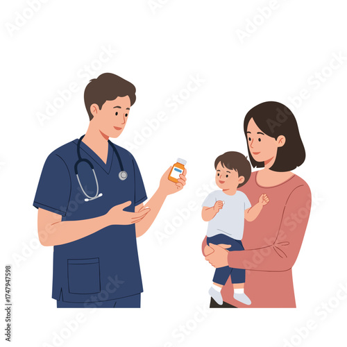 a pediatrician with short hair wearing navy scrubs, holding a small medicine bottle and explaining it to a mother holding her child.