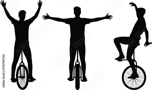 Unicycle silhouette riders performing balance tricks, freestyle poses, circus stunt skills, minimal vector art for sports, entertainment, and motion concepts