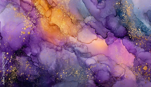 Ethereal Ink Painting with Golden Accents Showcasing Purple, Blue, and Yellow Hues in a Dreamlike Abstract