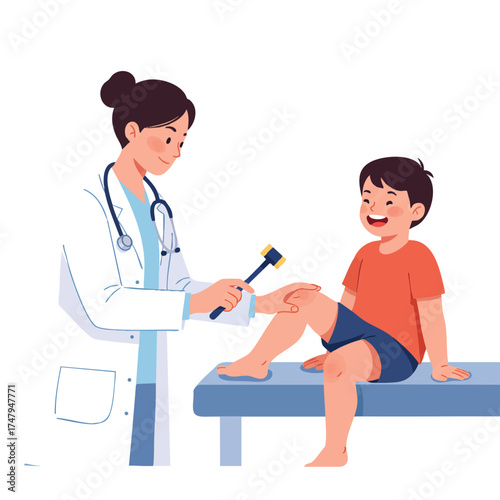  a pediatrician in white coat and light blue shirt gently tapping a child’s knee with a reflex hammer, child sitting on exam table laughing.